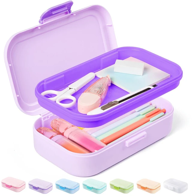 Main image of Double Layer Pencil Box, Plastic Pencil Case with Latch, Hard School Supply Box for Girls Boys Kids, Large Crayon Marker Pen Holder, Cute Art Storage Organizer, 1 Pack, Purple