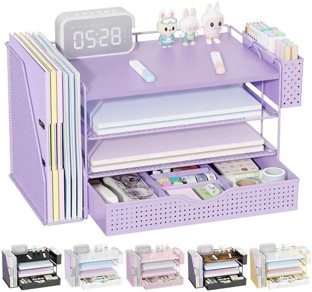 Main image of Wood Desk Organizers and Accessories with File Holder, 4-Tier Desk Accessories & Workspace Organizers with Drawer and Pen Holder, Desk Reference Organizer (Purple, 4T with Drawer)