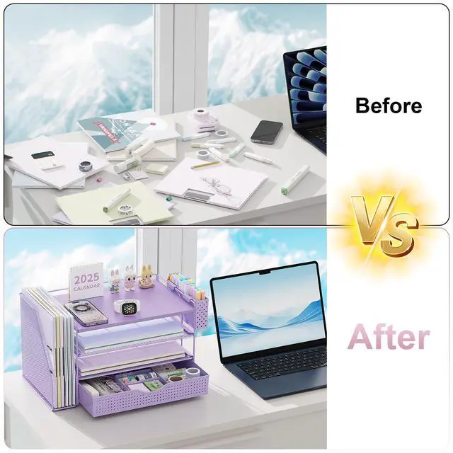 Alt view image 2 of 7 - Wood Desk Organizers and Accessories with File Holder, 4-Tier Desk Accessories & Workspace Organizers with Drawer and Pen Holder, Desk Reference Organizer (Purple, 4T with Drawer)