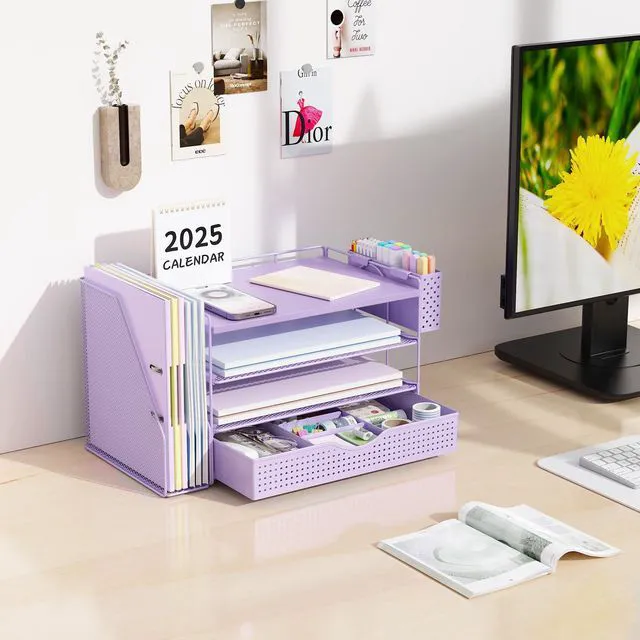 Alt view image 3 of 7 - Wood Desk Organizers and Accessories with File Holder, 4-Tier Desk Accessories & Workspace Organizers with Drawer and Pen Holder, Desk Reference Organizer (Purple, 4T with Drawer)