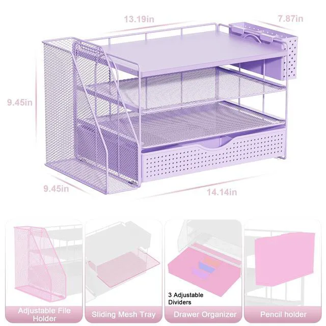 Alt view image 4 of 7 - Wood Desk Organizers and Accessories with File Holder, 4-Tier Desk Accessories & Workspace Organizers with Drawer and Pen Holder, Desk Reference Organizer (Purple, 4T with Drawer)