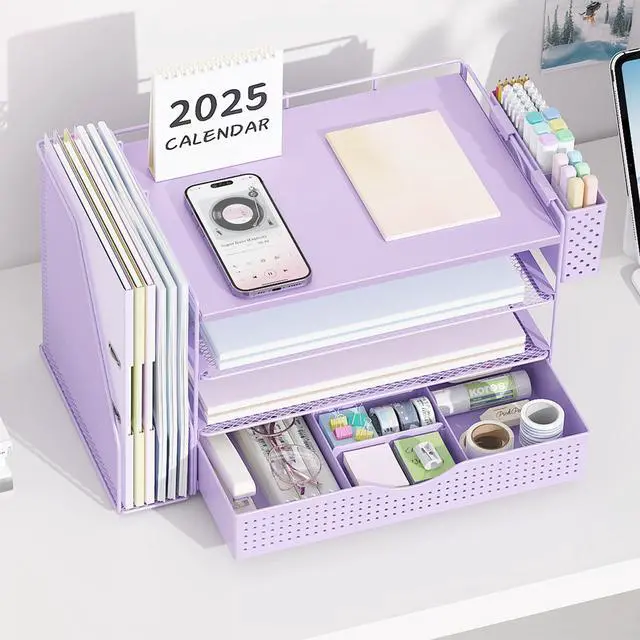 Alt view image 5 of 7 - Wood Desk Organizers and Accessories with File Holder, 4-Tier Desk Accessories & Workspace Organizers with Drawer and Pen Holder, Desk Reference Organizer (Purple, 4T with Drawer)