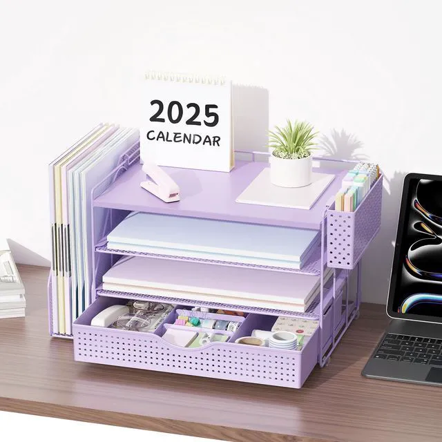 Alt view image 6 of 7 - Wood Desk Organizers and Accessories with File Holder, 4-Tier Desk Accessories & Workspace Organizers with Drawer and Pen Holder, Desk Reference Organizer (Purple, 4T with Drawer)
