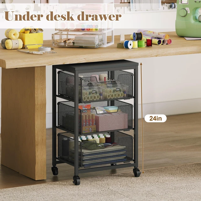 Alt view image 3 of 7 - Under Desk Storage Cart with Lockable Wheels, 3-Drawer Rolling Storage Cart, Metal Utility Cart with Drawers for Art, Cart, Classroom, Office, Kitchen, Bedroom, Dorm Storage Under Bed