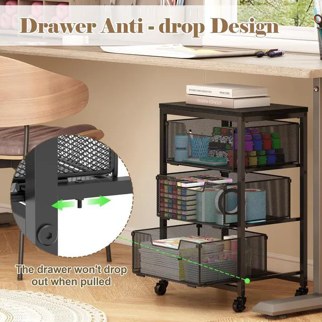 Alt view image 5 of 7 - Under Desk Storage Cart with Lockable Wheels, 3-Drawer Rolling Storage Cart, Metal Utility Cart with Drawers for Art, Cart, Classroom, Office, Kitchen, Bedroom, Dorm Storage Under Bed