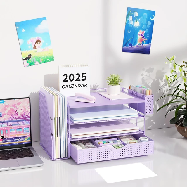 Alt view image 7 of 7 - Wood Desk Organizers and Accessories with File Holder, 4-Tier Desk Accessories & Workspace Organizers with Drawer and Pen Holder, Desk Reference Organizer (Purple, 4T with Drawer)
