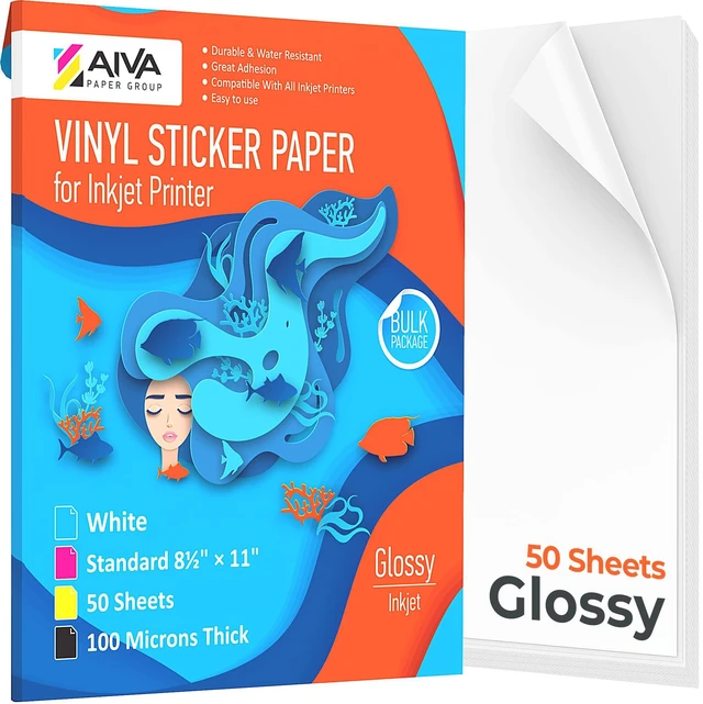 Main image of Printable Vinyl Sticker Paper - Waterproof Decal Paper for Inkjet Printer - 50 Self-Adhesive Sheets - Glossy White - Standard Letter Size 8.5"x11"
