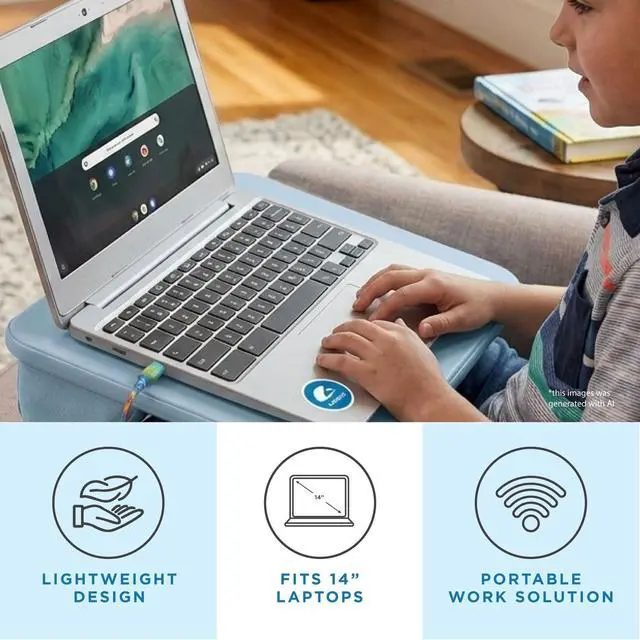 Alt view image 2 of 7 - Compact Lap Desk Sky Blue, Fits 14" Laptops Microbead Cushion, Built-In Pencil Slot, Carry Handle, Fits Standard Letter-Size Paper (8.5" × 11")