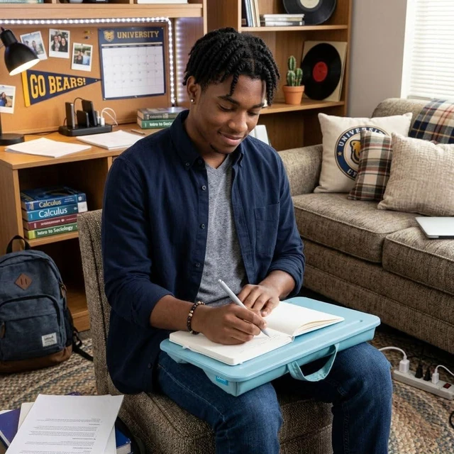 Alt view image 6 of 7 - Compact Lap Desk Sky Blue, Fits 14" Laptops Microbead Cushion, Built-In Pencil Slot, Carry Handle, Fits Standard Letter-Size Paper (8.5" × 11")