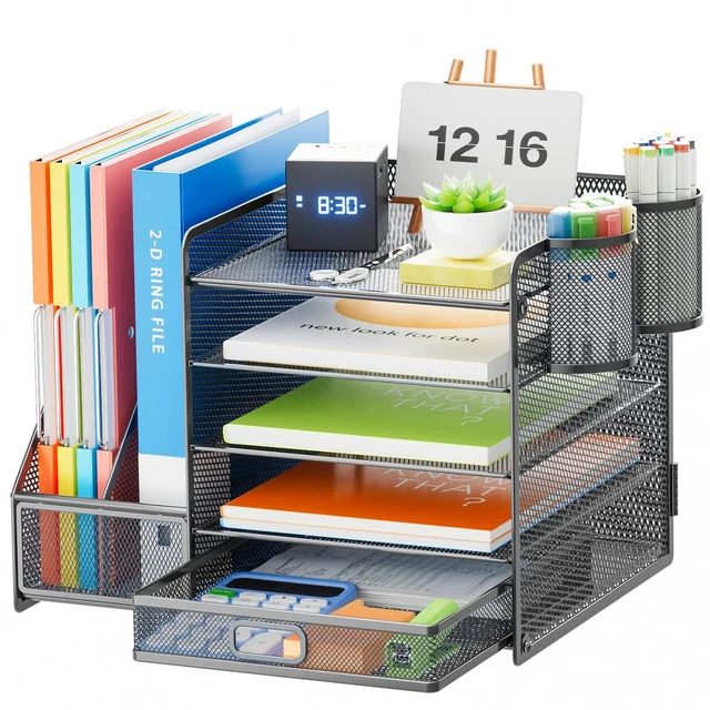 Main image of 5-Tier Paper Letter Tray Organizer with Drawer and Pen Holder, Mesh Desktop Organizer and Storage with Magazine Holder for Office Supplies (Grey)