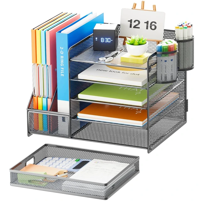 Alt view image 2 of 6 - 5-Tier Paper Letter Tray Organizer with Drawer and Pen Holder, Mesh Desktop Organizer and Storage with Magazine Holder for Office Supplies (Grey)
