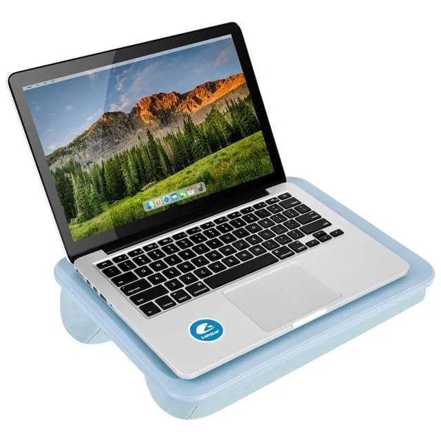 Alt view image 7 of 7 - Compact Lap Desk Sky Blue, Fits 14" Laptops Microbead Cushion, Built-In Pencil Slot, Carry Handle, Fits Standard Letter-Size Paper (8.5" × 11")
