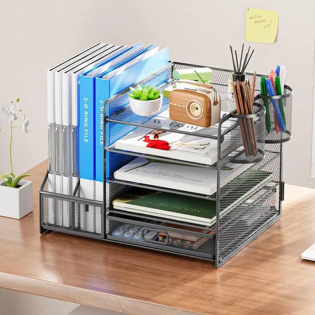 Alt view image 3 of 6 - 5-Tier Paper Letter Tray Organizer with Drawer and Pen Holder, Mesh Desktop Organizer and Storage with Magazine Holder for Office Supplies (Grey)
