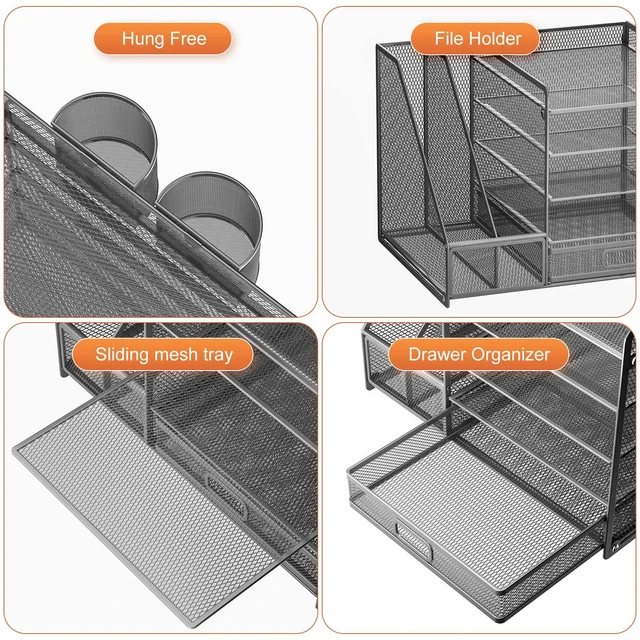 Alt view image 4 of 6 - 5-Tier Paper Letter Tray Organizer with Drawer and Pen Holder, Mesh Desktop Organizer and Storage with Magazine Holder for Office Supplies (Grey)