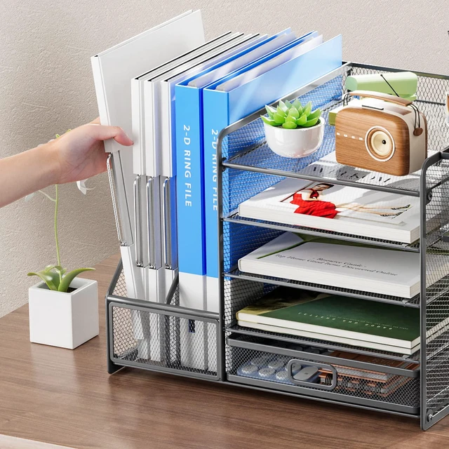 Alt view image 5 of 6 - 5-Tier Paper Letter Tray Organizer with Drawer and Pen Holder, Mesh Desktop Organizer and Storage with Magazine Holder for Office Supplies (Grey)