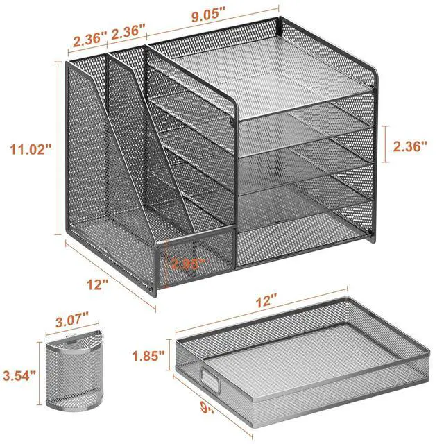 Alt view image 6 of 6 - 5-Tier Paper Letter Tray Organizer with Drawer and Pen Holder, Mesh Desktop Organizer and Storage with Magazine Holder for Office Supplies (Grey)