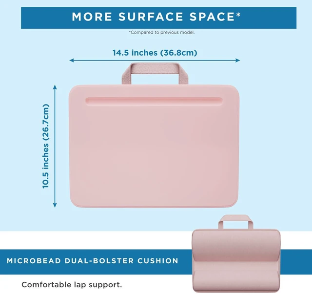 Alt view image 5 of 7 - Compact Lap Desk Rose Quartz, Fits 14" Laptops Microbead Cushion, Built-In Pencil Slot, Carry Handle, Fits Standard Letter-Size Paper (8.5" × 11")