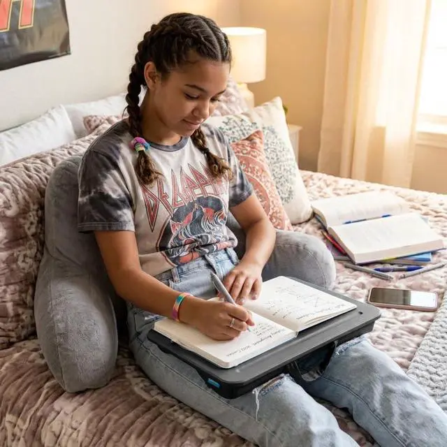 Alt view image 6 of 7 - Compact Lap Desk Black, Fits 14" Laptops Microbead Cushion, Built-In Pencil Slot, Carry Handle, Fits Standard Letter-Size Paper (8.5" × 11")