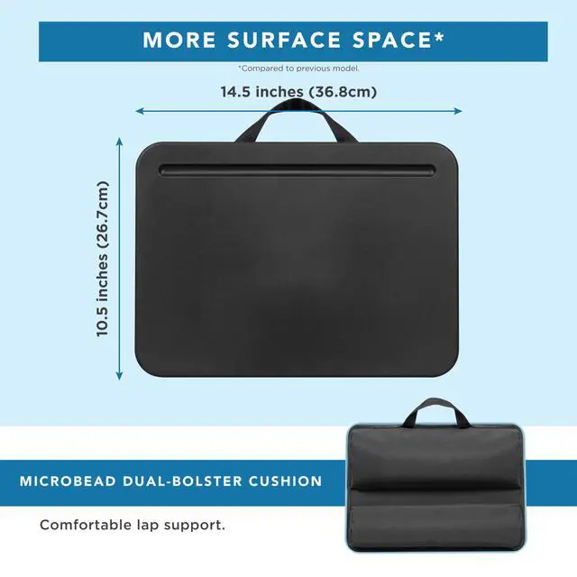 Alt view image 5 of 7 - Compact Lap Desk Black, Fits 14" Laptops Microbead Cushion, Built-In Pencil Slot, Carry Handle, Fits Standard Letter-Size Paper (8.5" × 11")