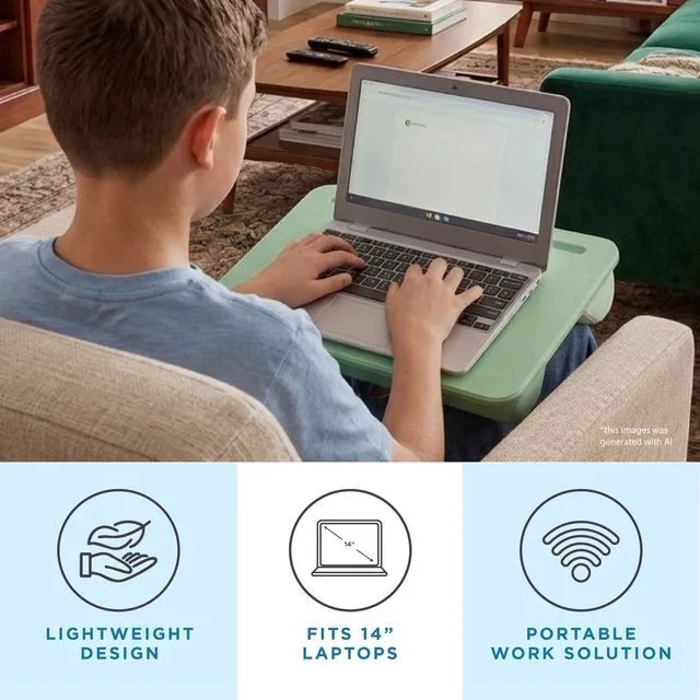 Alt view image 2 of 7 - Compact Lap Desk Sage Green, Fits 14" Laptops Microbead Cushion, Built-In Pencil Slot, Carry Handle, Fits Standard Letter-Size Paper (8.5" × 11")