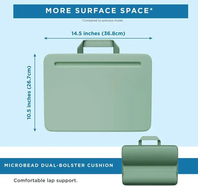 Alt view image 5 of 7 - Compact Lap Desk Sage Green, Fits 14" Laptops Microbead Cushion, Built-In Pencil Slot, Carry Handle, Fits Standard Letter-Size Paper (8.5" × 11")