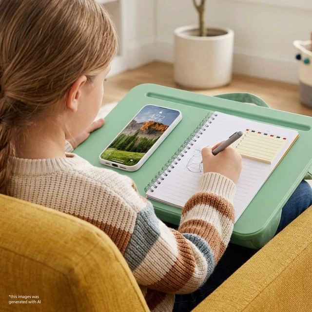 Alt view image 6 of 7 - Compact Lap Desk Sage Green, Fits 14" Laptops Microbead Cushion, Built-In Pencil Slot, Carry Handle, Fits Standard Letter-Size Paper (8.5" × 11")