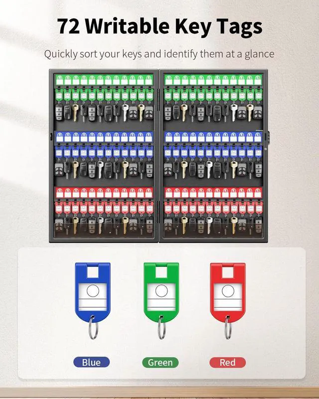 Alt view image 3 of 7 - Key Lock Box with Code, 72 Keys Capacity Wall mount key box, steel key cabinet, 3 digit combination lock, writable key racks & tags, office hotel & company