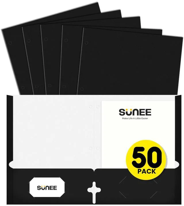 Main image of Folders with Pockets 3 Hole Punched(50 Pack, Black), 2 Pocket Folders Fit Letter Size Paper, Paper File Folder for School Office Home Business
