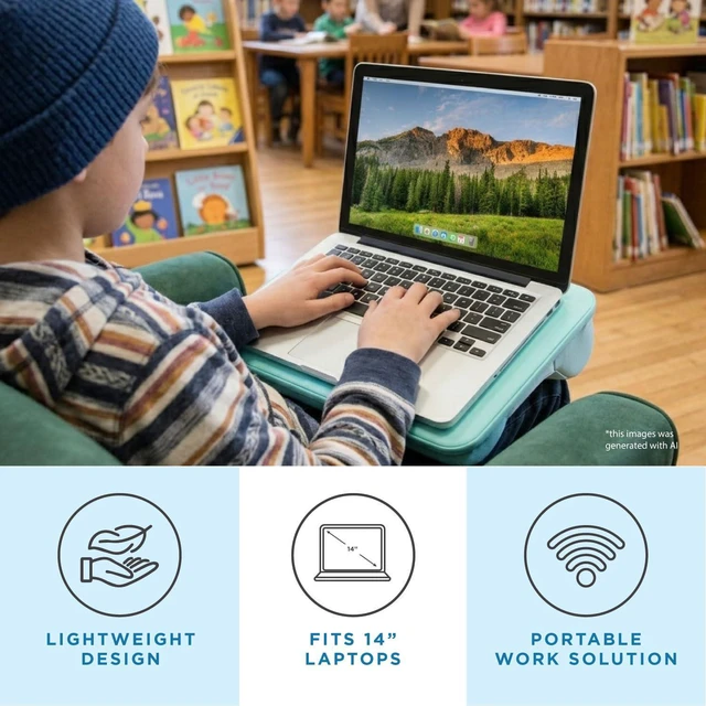 Alt view image 2 of 7 - Compact Lap Desk Aqua Sky, Fits 14" Laptops Microbead Cushion, Built-In Pencil Slot, Carry Handle, Fits Standard Letter-Size Paper (8.5" × 11")