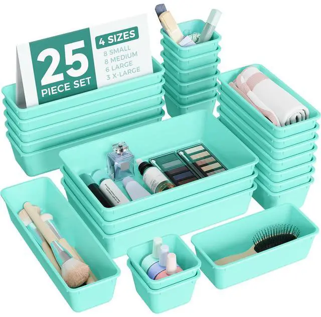 Main image of 25 PCS Plastic Drawer Organizers Set, 4-Sizes Vanity and Makeup Organizer, Desk and bathroom Drawer Organizer Trays, Organizers and Storage for Makeup, Jewelry, Gadgets, Utensils (Blue)