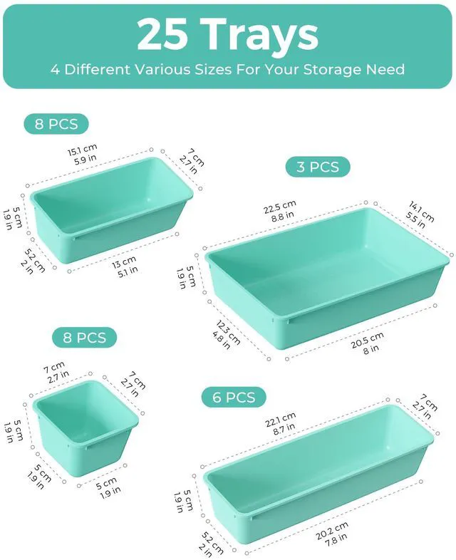 Alt view image 2 of 7 - 25 PCS Plastic Drawer Organizers Set, 4-Sizes Vanity and Makeup Organizer, Desk and bathroom Drawer Organizer Trays, Organizers and Storage for Makeup, Jewelry, Gadgets, Utensils (Blue)