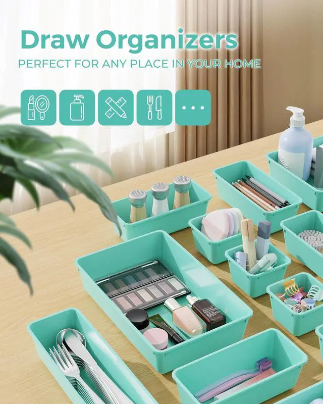 Alt view image 3 of 7 - 25 PCS Plastic Drawer Organizers Set, 4-Sizes Vanity and Makeup Organizer, Desk and bathroom Drawer Organizer Trays, Organizers and Storage for Makeup, Jewelry, Gadgets, Utensils (Blue)