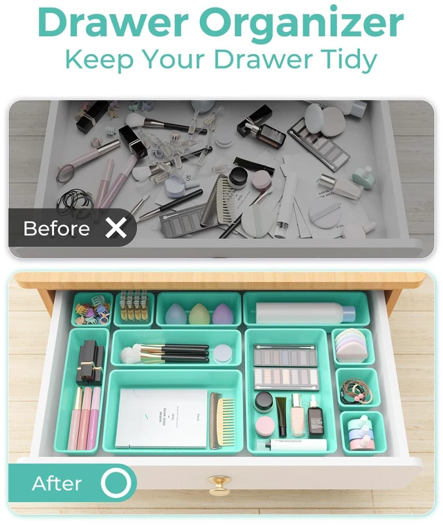 Alt view image 4 of 7 - 25 PCS Plastic Drawer Organizers Set, 4-Sizes Vanity and Makeup Organizer, Desk and bathroom Drawer Organizer Trays, Organizers and Storage for Makeup, Jewelry, Gadgets, Utensils (Blue)