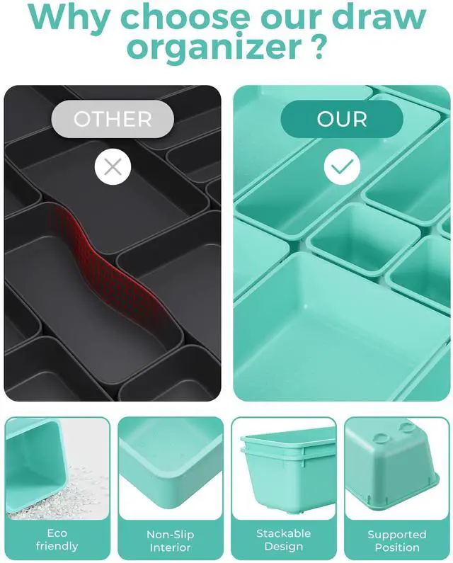 Alt view image 5 of 7 - 25 PCS Plastic Drawer Organizers Set, 4-Sizes Vanity and Makeup Organizer, Desk and bathroom Drawer Organizer Trays, Organizers and Storage for Makeup, Jewelry, Gadgets, Utensils (Blue)