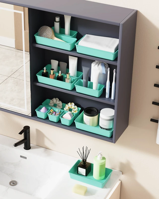 Alt view image 6 of 7 - 25 PCS Plastic Drawer Organizers Set, 4-Sizes Vanity and Makeup Organizer, Desk and bathroom Drawer Organizer Trays, Organizers and Storage for Makeup, Jewelry, Gadgets, Utensils (Blue)