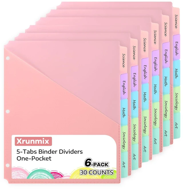 Main image of 5 Tabs Dividers with One Pockets for 3 Ring Binder, 5 Counts Binder Dividers for US Letter Size, Binder Dividers with Tabs for School Office and Home Organization, 5 Pastel Color (6)