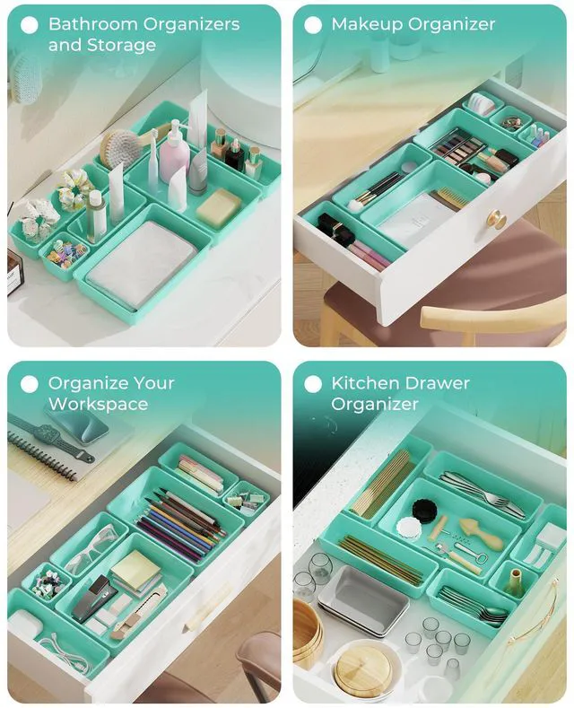 Alt view image 7 of 7 - 25 PCS Plastic Drawer Organizers Set, 4-Sizes Vanity and Makeup Organizer, Desk and bathroom Drawer Organizer Trays, Organizers and Storage for Makeup, Jewelry, Gadgets, Utensils (Blue)
