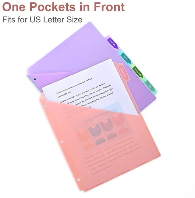 Alt view image 5 of 7 - 5 Tabs Dividers with One Pockets for 3 Ring Binder, 5 Counts Binder Dividers for US Letter Size, Binder Dividers with Tabs for School Office and Home Organization, 5 Pastel Color (6)