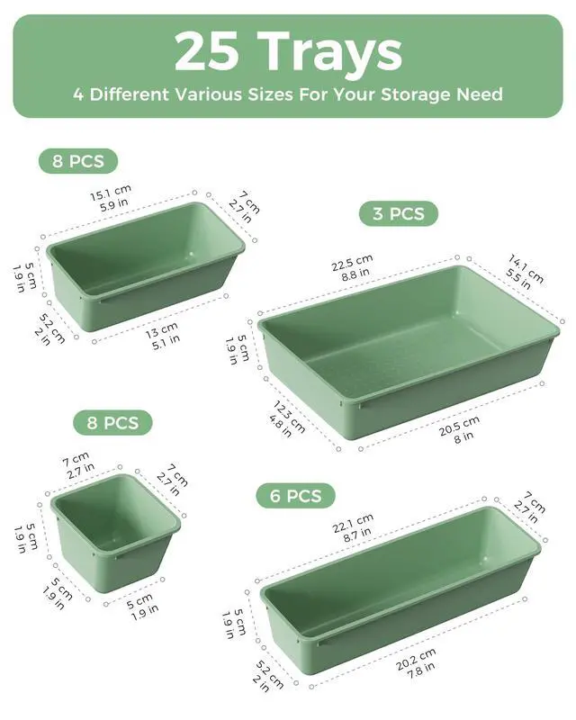 Alt view image 2 of 7 - 25 PCS Plastic Drawer Organizers Set, 4-Sizes Vanity and Makeup Organizer, Desk and bathroom Drawer Organizer Trays, Organizers and Storage for Makeup, Jewelry, Gadgets, Utensils (Green)