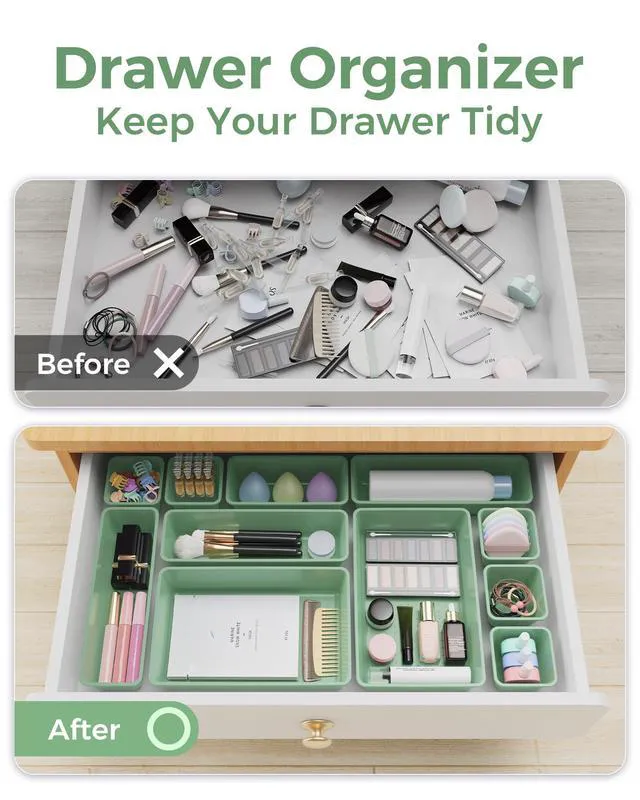 Alt view image 4 of 7 - 25 PCS Plastic Drawer Organizers Set, 4-Sizes Vanity and Makeup Organizer, Desk and bathroom Drawer Organizer Trays, Organizers and Storage for Makeup, Jewelry, Gadgets, Utensils (Green)