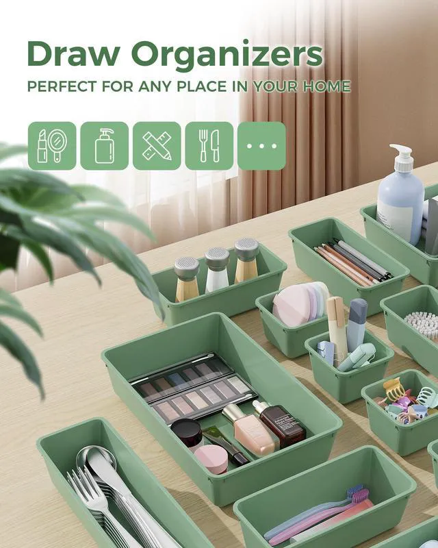 Alt view image 3 of 7 - 25 PCS Plastic Drawer Organizers Set, 4-Sizes Vanity and Makeup Organizer, Desk and bathroom Drawer Organizer Trays, Organizers and Storage for Makeup, Jewelry, Gadgets, Utensils (Green)