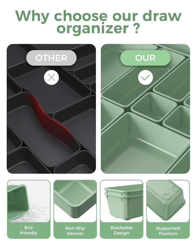 Alt view image 5 of 7 - 25 PCS Plastic Drawer Organizers Set, 4-Sizes Vanity and Makeup Organizer, Desk and bathroom Drawer Organizer Trays, Organizers and Storage for Makeup, Jewelry, Gadgets, Utensils (Green)