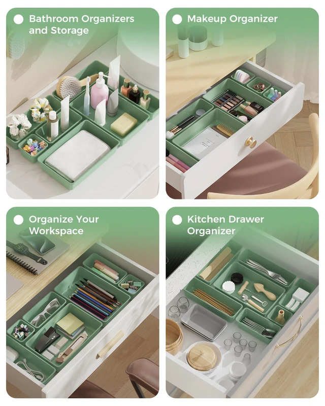 Alt view image 7 of 7 - 25 PCS Plastic Drawer Organizers Set, 4-Sizes Vanity and Makeup Organizer, Desk and bathroom Drawer Organizer Trays, Organizers and Storage for Makeup, Jewelry, Gadgets, Utensils (Green)