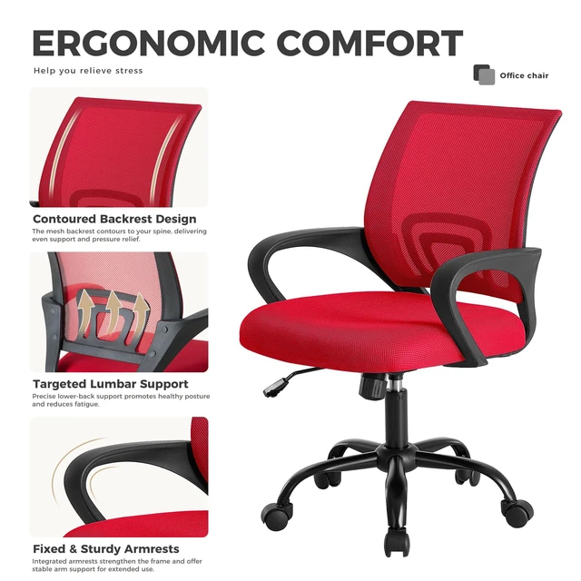 Alt view image 5 of 7 - Ergonomic Office Chair 2 Pack, Home Desk Mesh Chairs, Lumbar Support Height Adjustable, Fixed Armrest, Rocking Mode, 360 Swivel, 2 Pack Home, Red