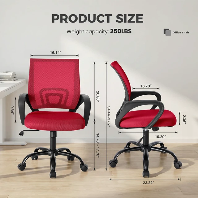 Alt view image 3 of 7 - Ergonomic Office Chair 2 Pack, Home Desk Mesh Chairs, Lumbar Support Height Adjustable, Fixed Armrest, Rocking Mode, 360 Swivel, 2 Pack Home, Red