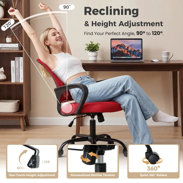 Alt view image 7 of 7 - Ergonomic Office Chair 2 Pack, Home Desk Mesh Chairs, Lumbar Support Height Adjustable, Fixed Armrest, Rocking Mode, 360 Swivel, 2 Pack Home, Red