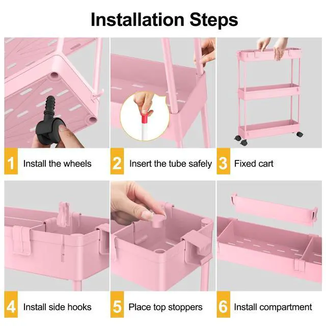 Alt view image 2 of 6 - Slim Storage Cart 3 Tier,Bathroom Organizer Rolling Utility,Mobile Shelving Unit Slide Out for Office, Kitchen, Laundry Room & Narrow Places,Pink