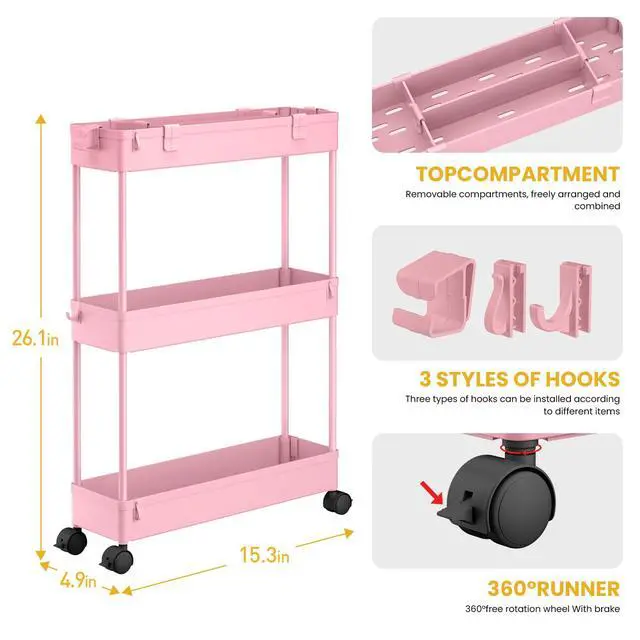 Alt view image 3 of 6 - Slim Storage Cart 3 Tier,Bathroom Organizer Rolling Utility,Mobile Shelving Unit Slide Out for Office, Kitchen, Laundry Room & Narrow Places,Pink