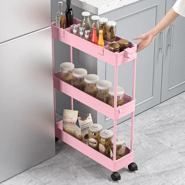 Alt view image 4 of 6 - Slim Storage Cart 3 Tier,Bathroom Organizer Rolling Utility,Mobile Shelving Unit Slide Out for Office, Kitchen, Laundry Room & Narrow Places,Pink
