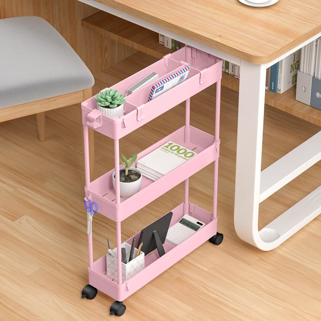 Alt view image 5 of 6 - Slim Storage Cart 3 Tier,Bathroom Organizer Rolling Utility,Mobile Shelving Unit Slide Out for Office, Kitchen, Laundry Room & Narrow Places,Pink